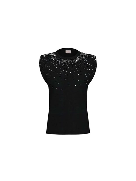 T-SHIRT MANICA CORTA CON CRISTALLI APPLICATI DONNA NERO