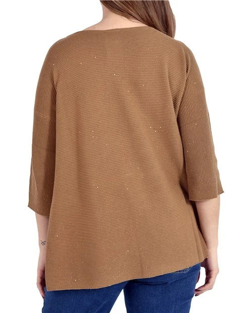 MAGLIA CON SCOLLO A BARCA CON PAILLETES E MANICA A KIMONO DONNA MARRONE