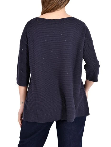 MAGLIA CON SCOLLO A BARCA CON PAILLETES E MANICA A KIMONO DONNA BLU