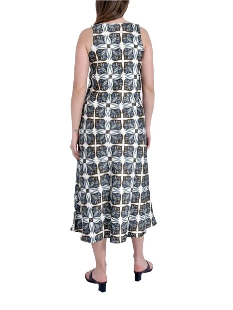 VESTITO LUNGO SMANICATO CON STAMPA GEOMETRICA ALL OVER DONNA BIANCO