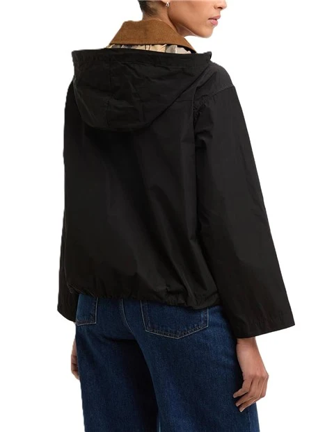 GIACCA IMPERMEABILE CON DETTAGLI IN TARTAN E CAPPUCCIO REMOVIBILE DONNA NERO