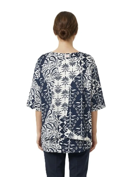 BLUSA IN TWILL STAMPATO CON FONDO ASIMMETRICO DONNA BLU