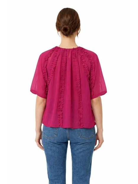BLUSA CON RUCHES VERTICALI E APERTURA A GOCCIA DONNA FUCSIA