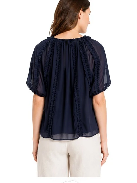 BLUSA CON RUCHES VERTICALI E APERTURA A GOCCIA DONNA BLU