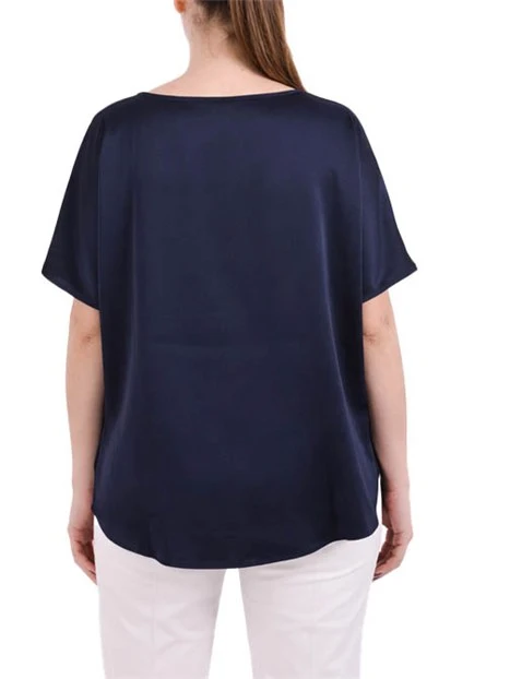 T-SHIRT MANICA CORTA IN RASO CON SCOLLO A BARCA E SPACCHI LATERALI DONNA BLU