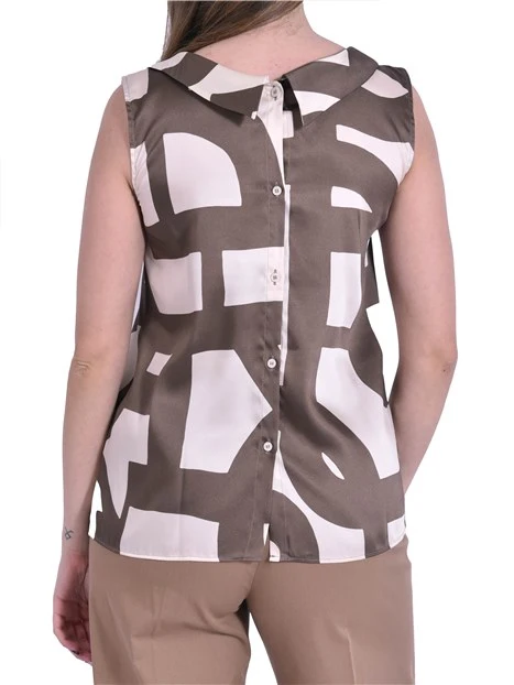 TOP SMANICATO IN TWILL STAMPATO CON SCOLLO A BARCHETTA DONNA TORTORA