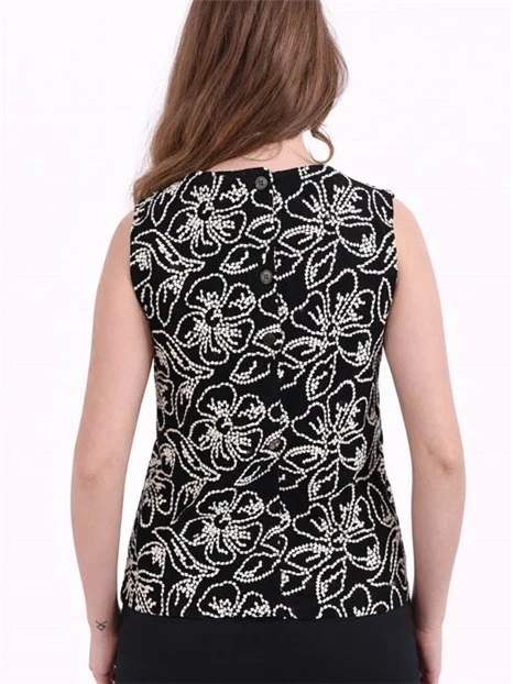 TOP IN COTONE E LINO RICAMATO CON MOTIVO FLOREALE DONNA NERO