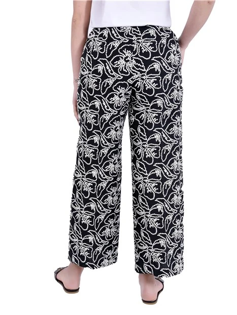 PANTALONE PALAZZO IN TELA DI COTONE E LINO CON RICAMI DONNA NERO