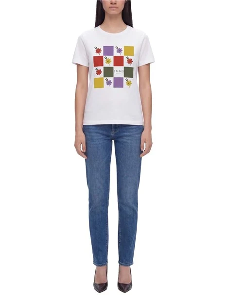 T-SHIRT MANICA CORTA CON STAMPE FANTASIA  QUADRO FLOREALE DONNA BIANCO