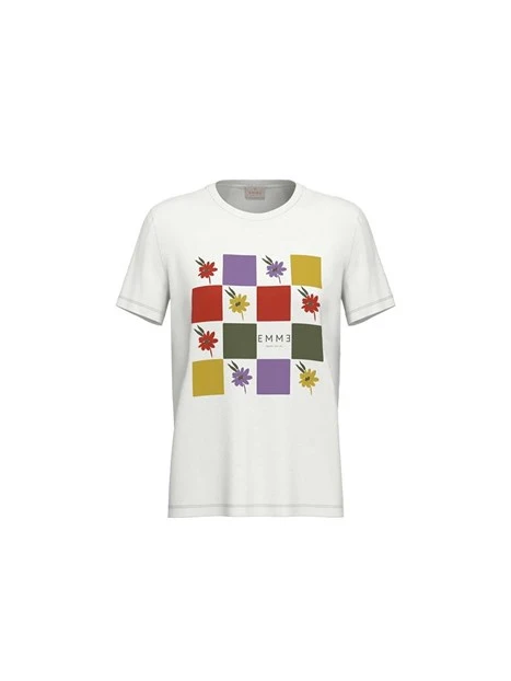 T-SHIRT MANICA CORTA CON STAMPE FANTASIA  QUADRO FLOREALE DONNA BIANCO