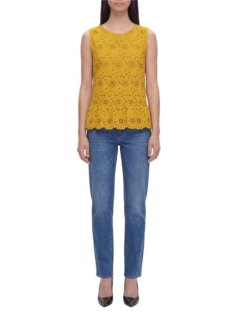TOP SMANICATO CON DETTAGLI SANGALLO DONNA GIALLO