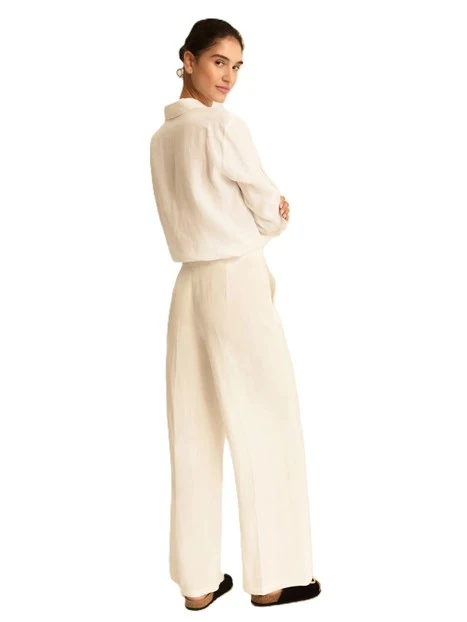 PANTALONE PALAZZO IN MISTO LINO CON PIEGA STIRATA DONNA BIANCO