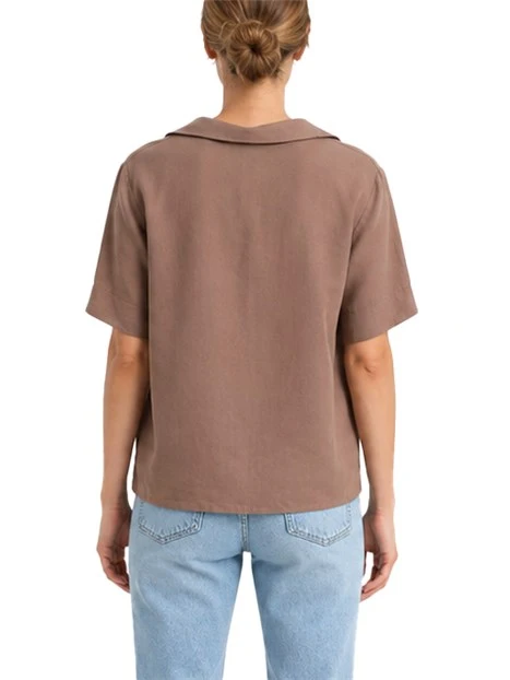 BLUSA CON COLLO A POLO IN MISTO LINO DONNA MARRONE