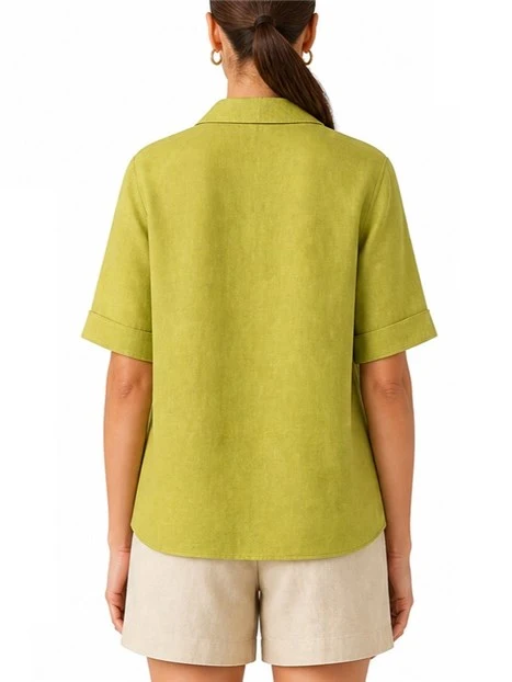 BLUSA CON COLLO A POLO IN MISTO LINO DONNA VERDE