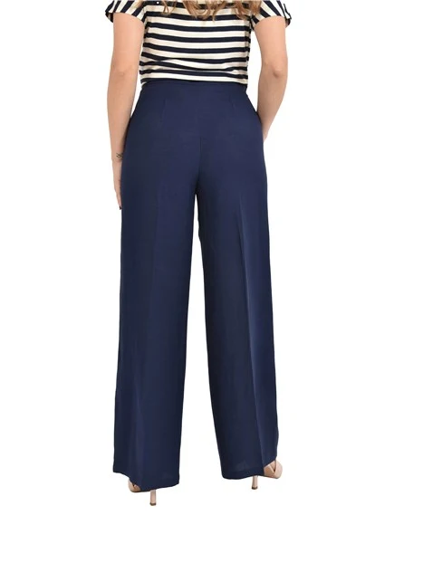 PANTALONE PALAZZO IN MISTO LINO CON PIEGA STIRATA DONNA BLU