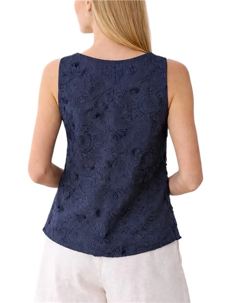 TOP SMANICATO CON COLLO A V IN COTONE RICAMATO DONNA BLU