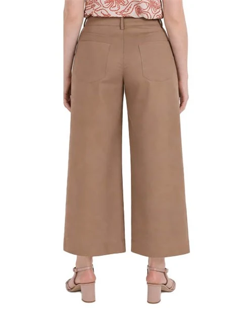 PANTALONE PALAZZO CON ORLO ALTO IMPUTANTO IN GARBADINA DI COTONE DONNA MARRONE