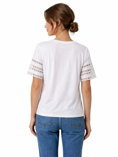 T-SHIRT MANICA CORTA CON INTARSIO CON RICAMO SULLE MANICHE DONNA BIANCO