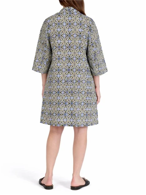 VESTITO CORTO IN MUSSOLA DI COTONE STAMPATA  CON SCOLLO A POLO DONNA AZZURRO