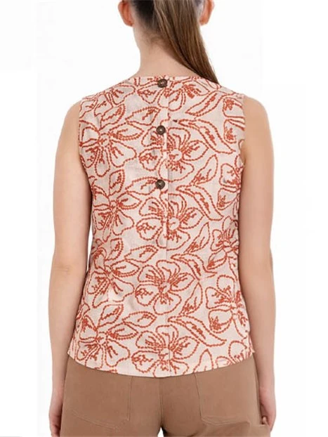 TOP IN COTONE E LINO RICAMATO CON MOTIVO FLOREALE DONNA ROSSO