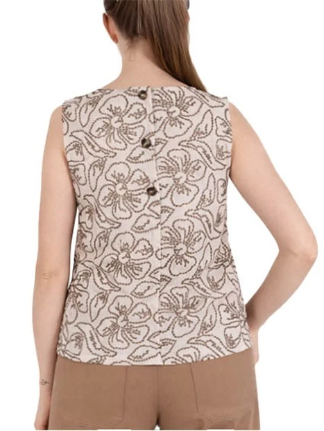 TOP IN COTONE E LINO RICAMATO CON MOTIVO FLOREALE DONNA MARRONE