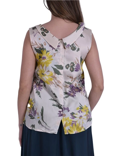 TOP SMANICATO IN TWILL STAMPATO CON SCOLLO A BARCHETTA DONNA BIANCO