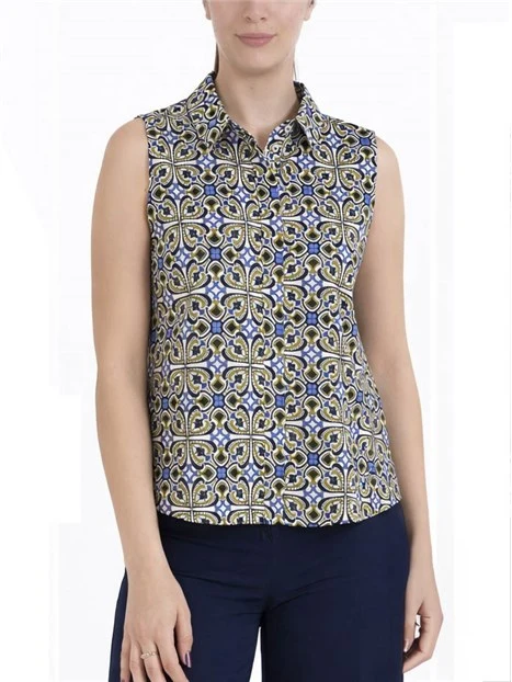 CAMICIA SMANICATA IN POPELINE DI COTONE DONNA STAMPATA AZZURRO