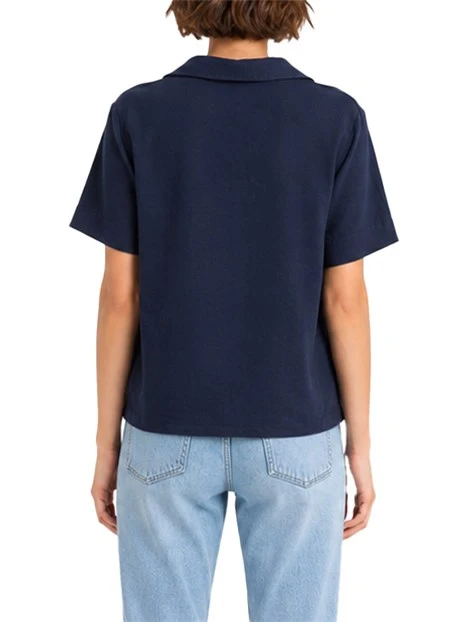 BLUSA CON COLLO A POLO IN MISTO LINO DONNA BLU