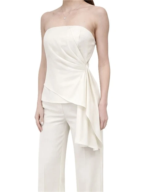 COMPLETO CON TOP ASIMMETRICO E DRAPPEGGIO E PANTALONE PALAZZO DONNA BIANCO