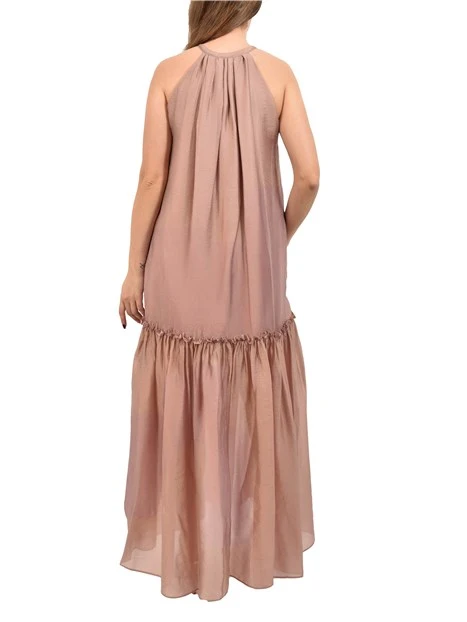 VESTITO LUNGO CON ARRICCIATURE E SCOLLO CON LACCETTO DONNA ROSA