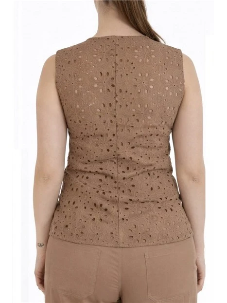 TOP SMANICATO IN MUSSOLA DI COTONE RICAMATO DONNA MARRONE