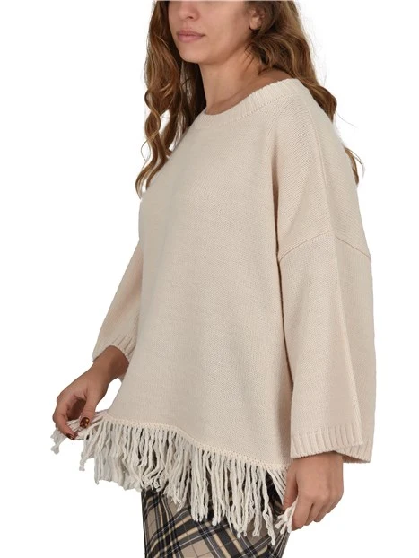 MAGLIA CON SCOLLO A BARCA E FRANGE DONNA AVORIO