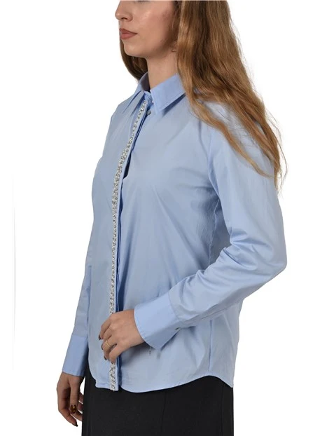 CAMICIA IN COTONE CON CRISTALLI E PERLE DONNA AZZURRO