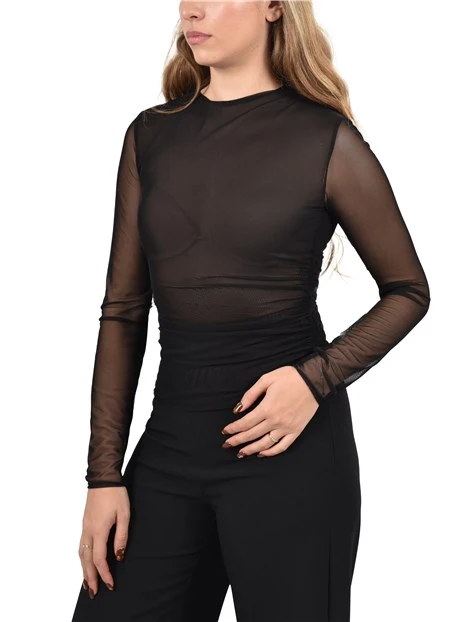 BLUSA IN TULLE STRETCH SEMI TRASPARENTE DONNA NERO