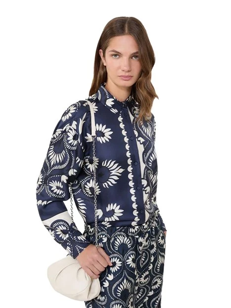 CAMICIA IN SETA CON STAMPA E TASCHINO FRONTALE DONNA BLU