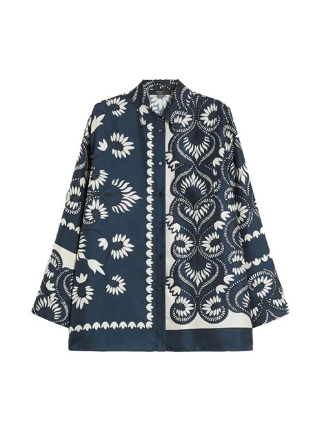 CAMICIA IN SETA CON STAMPA E TASCHINO FRONTALE DONNA BLU