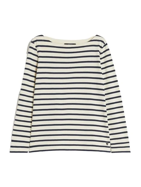 T-SHIRT MANICA LUNGA SCOLLO A BARCA FANTASIA A RIGHE DONNA BEIGE