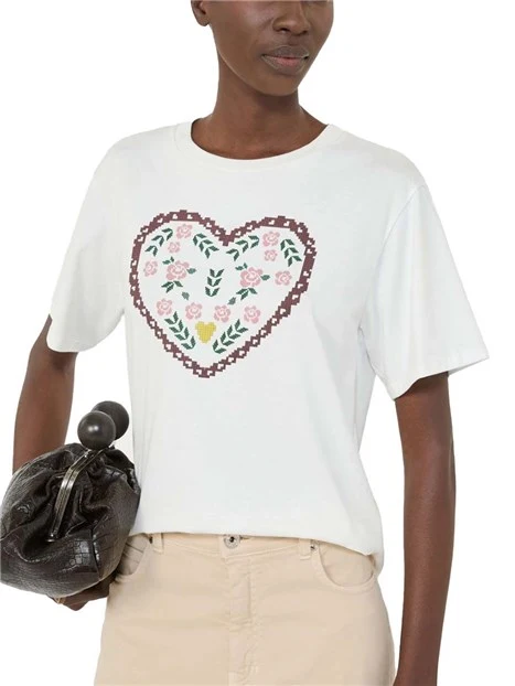 T-SHIRT MANICA CORTA CON DIVERSE FANTASIE APPLICATE DONNA  BIANCO