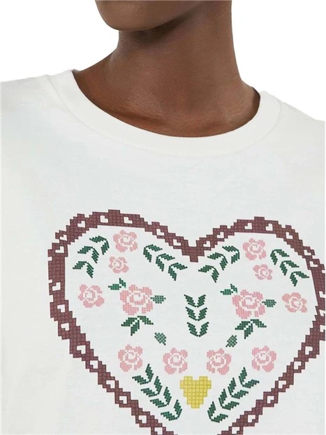 T-SHIRT MANICA CORTA CON DIVERSE FANTASIE APPLICATE DONNA  BIANCO