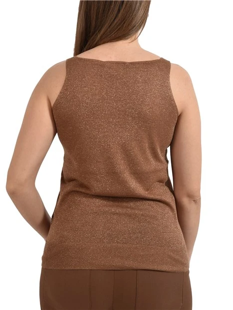 TOP IN MISTO SETA LUREX CON FONDO LAVORATO A COSTINE DONNA MARRONE