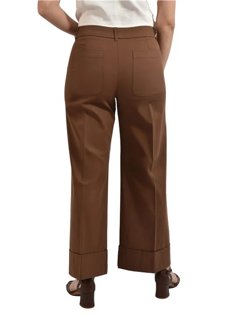 PANTALONE PALAZZO IN MISTO COTONE  CON RISVOLTO SUL FONDO DONNA MARRONE