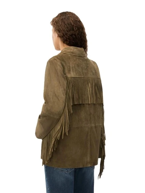 GIACCA IN PELLE SCAMOSCIATA CON FRANGE DONNA VERDE