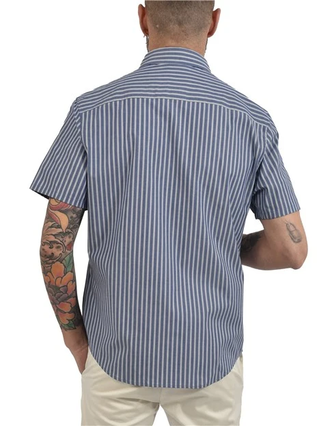 CAMICIA MANICA CORTA A RIGHE VERTICALI CON LOGO RICAMATO UOMO BLU
