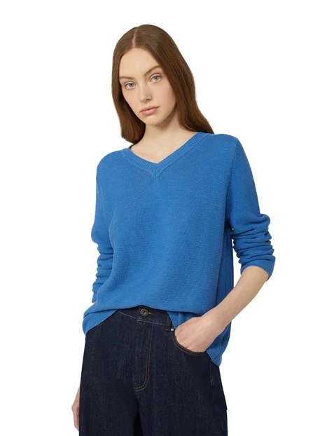 MAGLIA CON SCOLLO A V IN COTONE DONNA AZZURRO