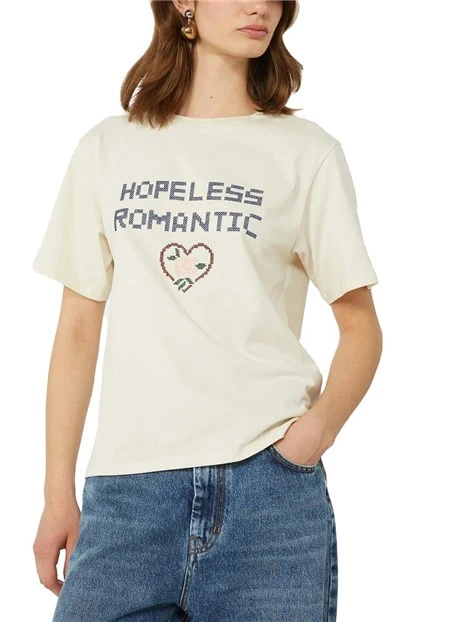 T-SHIRT MANICA CORTA CON FANTASIA APPLICATA DONNA ECRU'