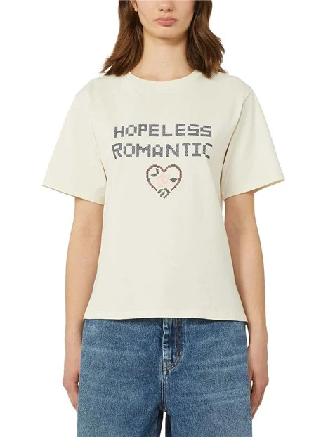 T-SHIRT MANICA CORTA CON FANTASIA APPLICATA DONNA ECRU'