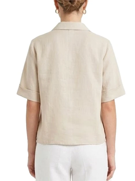 BLUSA CON COLLO A POLO IN MISTO LINO DONNA BEIGE