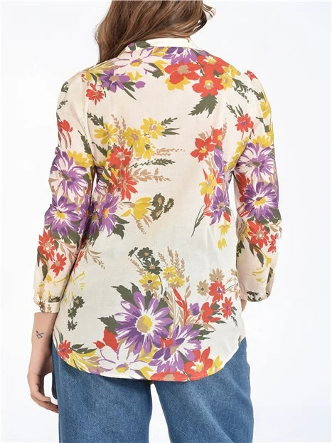 CAMICIA IN MUSSOLA DI COTONE CON STAMPA FLOREALE E SPACCHI LATERALI DONNA AVORIO