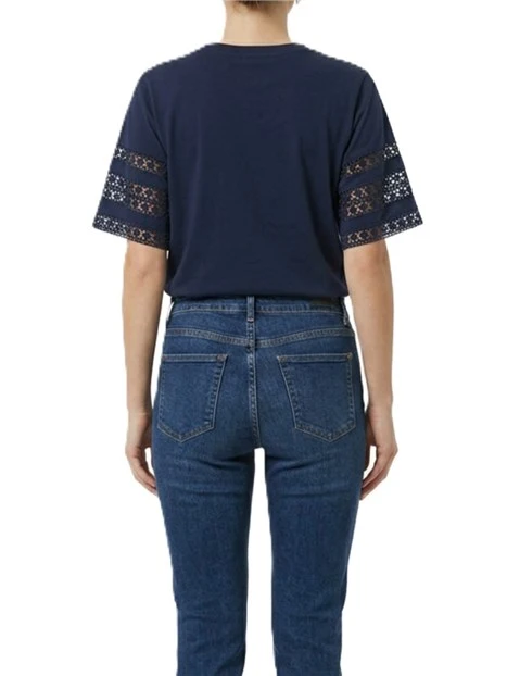 T-SHIRT MANICA CORTA CON INTARSIO E RICAMO  MANICHE DONNA BLU