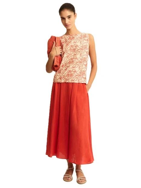 GONNA IN TELA DI LINO CON INSERTO ELASTICO SUL RETRO DONNA ROSSO